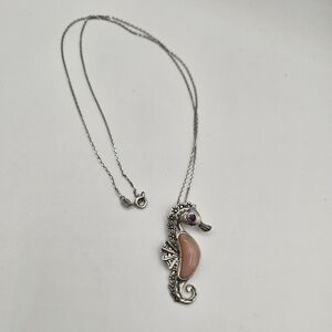Pink Peruvian Opal Rhodium Over Silver Seahorse Pendant With Chain .15ctw
